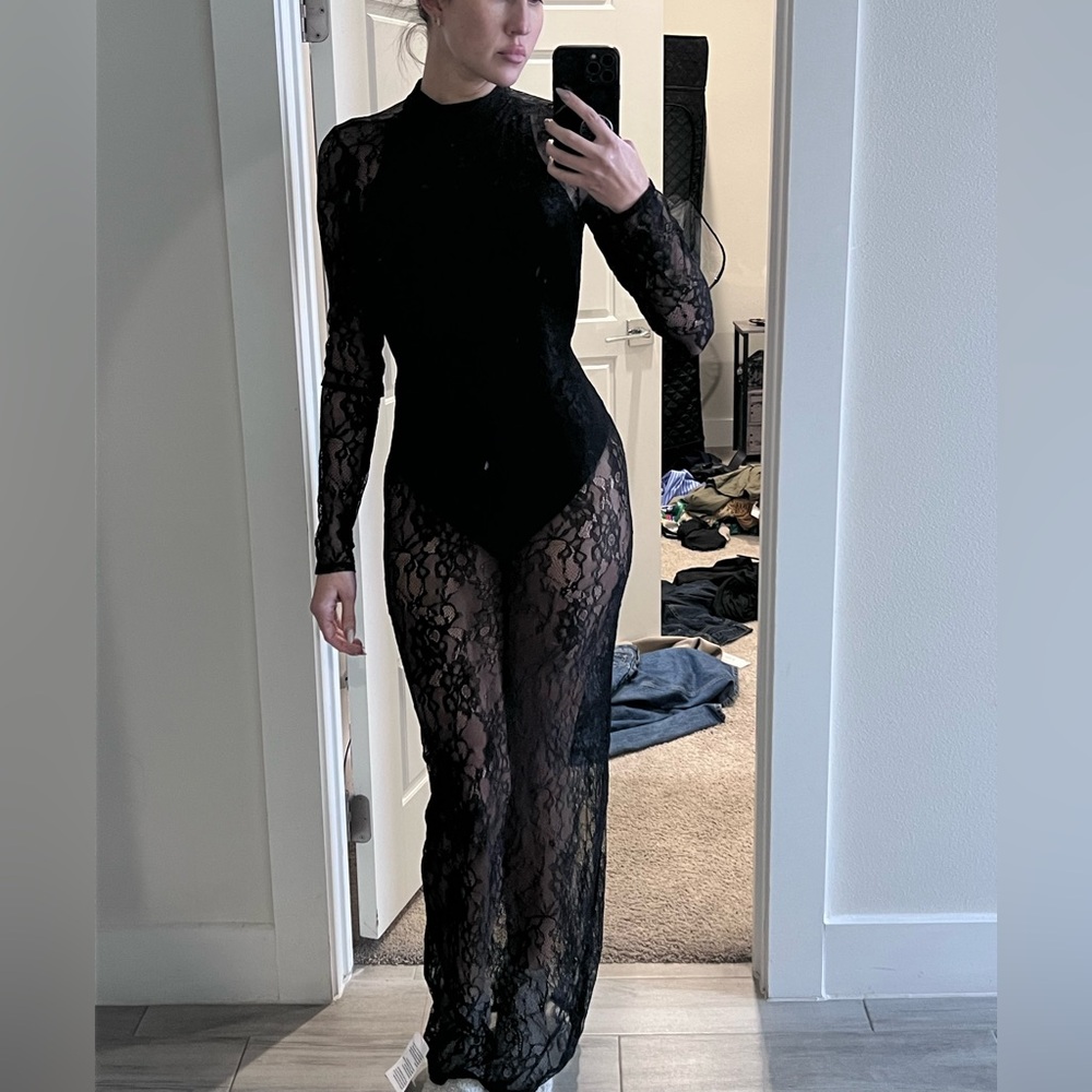 ASOS Black Lace Long-Sleeve Sheer Backless Maxi Dress